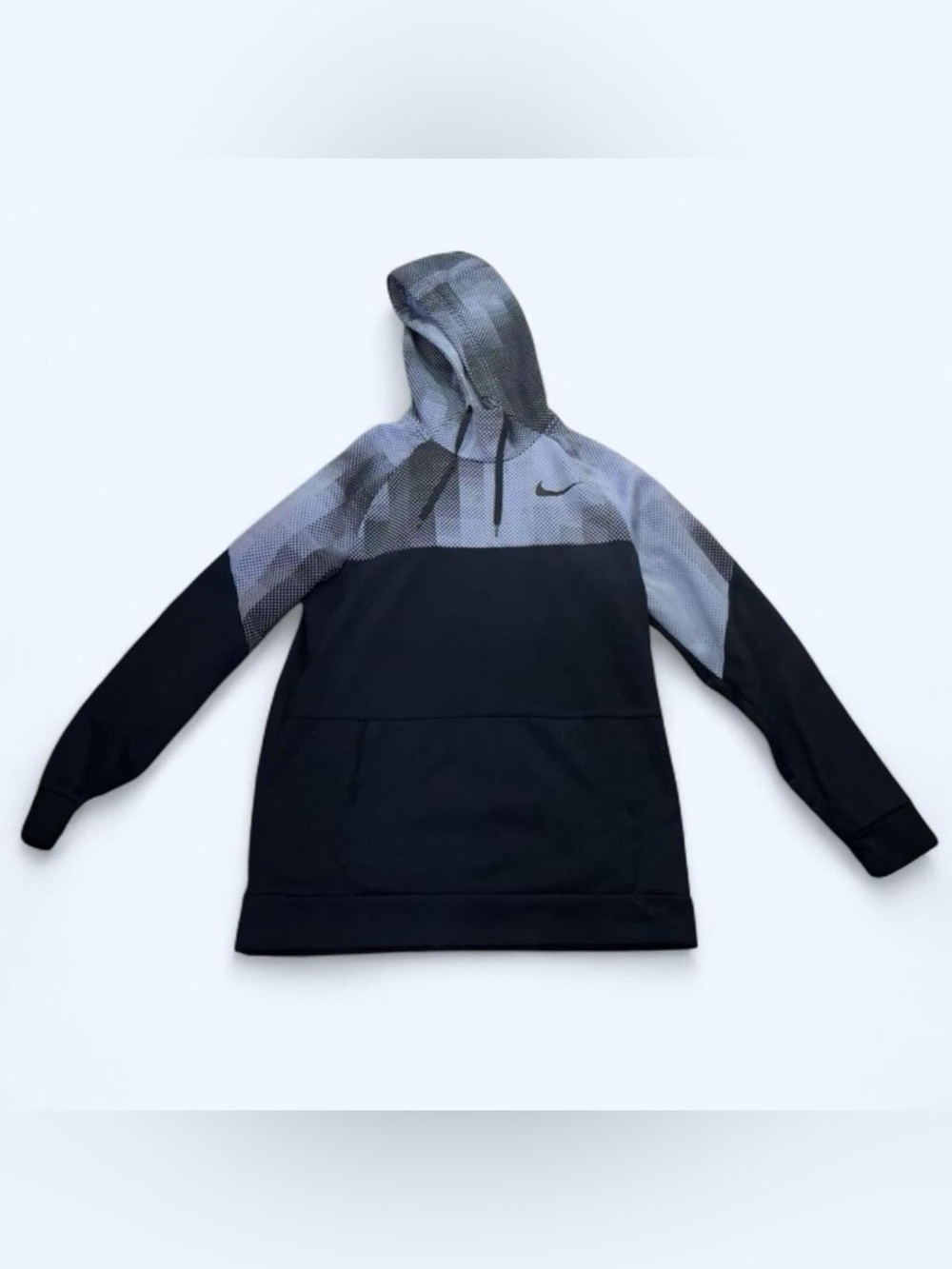 Nike Men's Blue Hoodie with Gray Patterned Upper